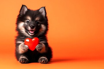  Finnish lapphund - my beloved dog. Marketing conceptual art. Cute finnish lapphund pup with diamond red heart - symbol of love, funny greeting card. Valentine's pet poses. Valentine's animals.