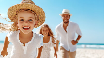 Wall Mural - A happy family spends time together on the beach. Children and parents smile and hug each other