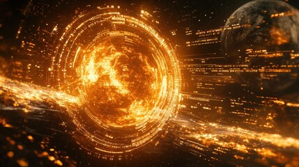 Wall Mural - Bright orange sun is surrounded by a glowing circle of fire