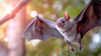 Wall Mural - Adorable bat in flight, forest background, wildlife