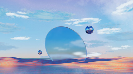 Wall Mural - 3d render, Surreal futuristic landscape with mirrored portal and floating spheres in vibrant colors.