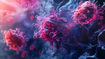 Poster - Closeup view of colorful and vibrant microscopic virus cells or bacteria with abstract and futuristic digital design  Conceptual medical scientific or health care background for research lab