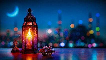 Wall Mural - ramadan kareem - arabic lantern at night with crescent moon - defocused mosque on background with bo