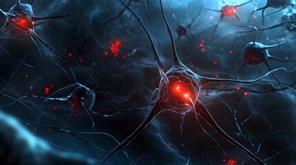 Leinwandbilder - Closeup view of glowing neurons and synapses in a futuristic illuminated neural network background