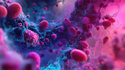 Poster - Colorful Microscopic View of Vibrant Glowing Microorganisms and Pathogens Under Scientific Research   3D Rendered of Intricate Microscopic Structures Cells Bacteria and Viruses for Medical Healthcare
