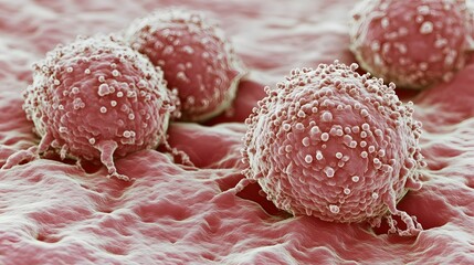 Aufkleber - Detailed microscopic view of cancerous cells in vibrant pink and red tones showcasing the intricate patterns and textures of the cellular structure under high magnification