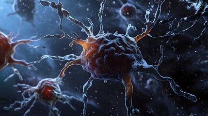 Leinwandbilder - Detailed microscopic view of neuron cells with synaptic connections and electrical signals glowing in a vibrant futuristic digital abstract backdrop