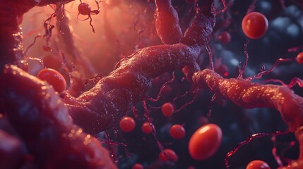 Poster - Detailed microscopic view of red biological cells molecules and structures within a medical or scientific research laboratory setting
