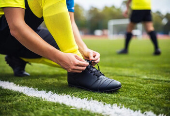 Wall Mural - A close-up of a soccer player's hands adjusting their cleats on the field before a match, shot from a low angle, emphasizing the action of tying laces.