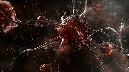 Poster - Dramatic digital abstract of an explosive cellular and atomic energy formation in a cosmic and futuristic space setting conveying ideas of scientific discovery technological innovation