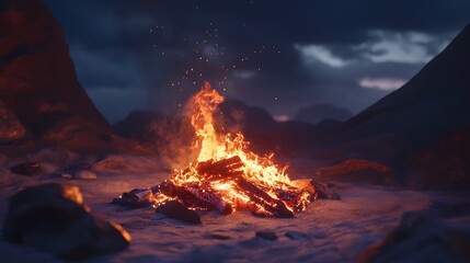 Poster - Dramatic nighttime bonfire blazing with intense flames and glowing embers in a remote rugged mountainous landscape under a starry sky  The fiery scene creates a powerful