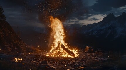 Poster - Dramatic nighttime scene of a fiery blaze erupting in a remote mountain wilderness with flames and sparks bursting forth against a backdrop of a dark cloudy sky and twinkling stars  A powerful