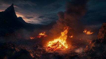Poster - Dramatic scene of a raging wildfire consuming a mountainous landscape under a fiery sunset sky  Intense flames billowing smoke and a sense of danger and chaos in the natural environment
