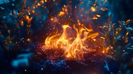 Aufkleber - Dramatic scene of glowing embers flames and sparks in an enchanted fantasy forest setting  The fiery blaze creates a powerful intense and mystical atmosphere with a supernatural otherworldly vibe