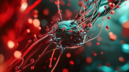 Poster - Dynamic splashing liquid motion with vibrant abstract bokeh background  Refreshing and energetic aqua and red color palette  Fluid swirling