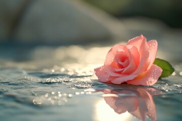 Wall Mural - Pink Rose on Wet Surface