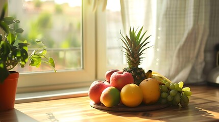 Wall Mural - Fruits on a wooden table in the kitchen.