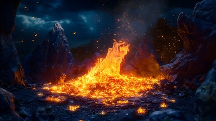 Poster - Erupting Volcano Spewing Intense Flames and Scorching Lava Creating Apocalyptic Fiery Landscape  Catastrophic volcanic eruption with raging fire molten magma