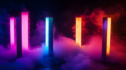 Poster - Ethereal Neon Mist Surreal Architectural Landscape in Vibrant Illumination  Captivating abstract image of a mysterious glowing environment with colorful neon lights dramatic shadows and a hazy