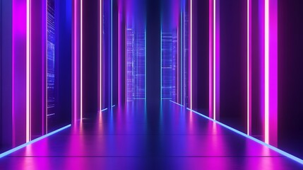 Poster - Futuristic and captivating abstract architectural hallway with vibrant neon lighting design featuring a symmetrical tunnel like corridor with glowing geometric patterns and shapes creating a modern