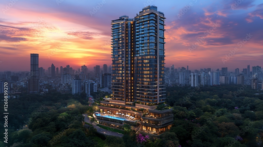 Luxury high-rise at sunset, city skyline, pool, green space; real ... - Luxury High Rise Green Community Developments