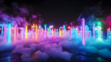 Leinwandbilder - Futuristic Glowing Cityscape with Vibrant Neon Lights Reflecting on Water at Night  Surreal Sci Fi Urban Landscape with Towering Skyscrapers and Mesmerizing Lighting Effects