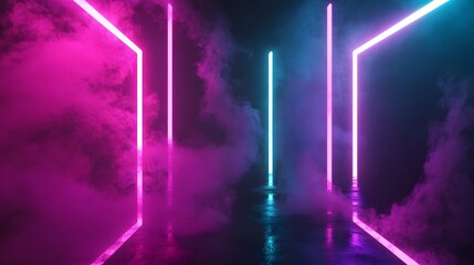 Aufkleber - Futuristic neon corridor with glowing geometric shapes surreal lighting and an ethereal moody atmosphere  This digital artwork evokes a sense of modern