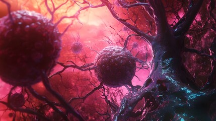 Poster - Glowing Biological Neural Network Structures with Abstract Fractal Patterns in Vibrant Colors