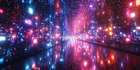 Wall Mural - vibrant digital light display illuminated through futuristic hallway at night