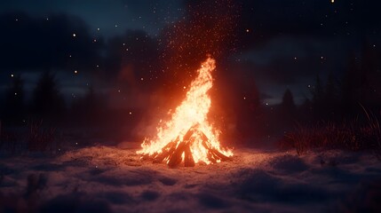 Aufkleber - Glowing bonfire surrounded by snow covered trees and sparkling stars in the night sky creating a mesmerizing winter scene in the great outdoors