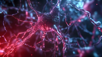 Poster - Glowing Electrical Neural Network Synaptic Signaling and Communication  Abstract futuristic microscopic view of a dynamic interconnected neuronal network with red purple and blue neon colors