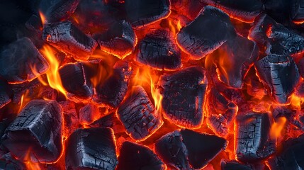 Aufkleber - Glowing embers and blazing flames creating an intense and fiery abstract background texture  The image shows a close up view of a burning material  with bright orange and red hues