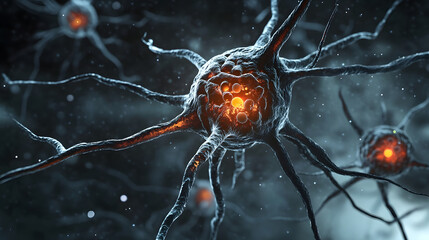 Leinwandbilder - Glowing illuminated neurons firing electric impulses and transmitting signals through a complex futuristic looking neural network