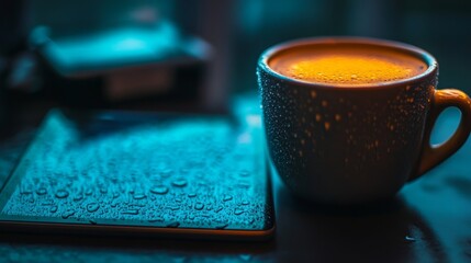 Poster - A Cozy Break: Wet Tablet and Steaming Coffee Cup in Vibrant Blue Light, Reflections and Condensation Capture the Moment.