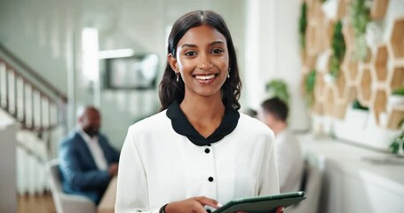 Poster - Face, business and woman in workplace, tablet and smile with planning for project, digital app and research. Portrait, happy employee or consultant in office, public relations and technology