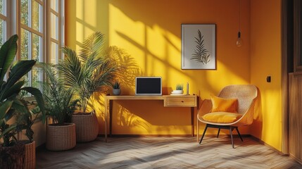 Aufkleber - A Sunny Workspace: Laptop on Wooden Desk in a Vibrant Yellow Room with Plants, Comfortable Chair, and Natural Light Creating a Warm and Inspiring Atmosphere.