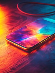 Aufkleber - A Vibrant Smartphone Display: Abstract Colors Dancing on a Modern Device, with a Dynamic Wood Grain Background and a Red Cable Accent, creating a Techno-Artistic Composition