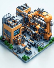 Wall Mural - A modern industrial facility featuring robotic machinery and vibrant orange accents, set in a detailed urban environment.