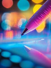 Leinwandbilder - Digital Artistry: Close-Up of a Stylus Pen on a Screen with Vibrant Bokeh Lights and Reflections, Highlighting Technology and Creativity