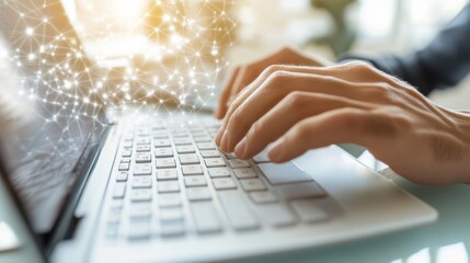 Poster - Human Hands Typing on Laptop with Networking Connection Overlay, Symbolizing Modern Communication and Technology, Highlighting Connectivity