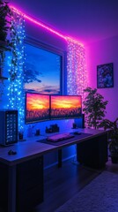 Poster - Illuminated Gaming Setup: Dual Monitors Displaying Sunset, Flanked by Lush Plants and Ambient Pink and Blue Lighting Creating a Tranquil and Inspiring Workspace