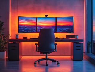 Poster - Serene Home Office Setup with a Breathtaking Sunset View Displayed Across Three Monitors, Enhanced by Ambient Orange Lighting and Modern Minimalist Design.