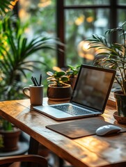Poster - Serene Workspace: Laptop and Plants on Wooden Desk bathed in Soft Light, offering Tranquility and Productivity for Creative Work or Relaxation at Home or Office.
