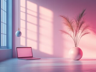 Poster - Serene Workspace with Laptop, Modern Lamp, and Decorative Vase in a Room Bathed in Soft Pink and Blue Light, Evoking Calmness and Creativity.