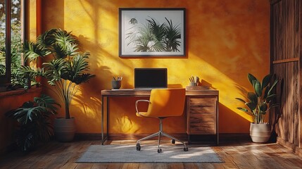 Poster - Sun-Drenched Home Office: Warm Tones, Natural Light, and Botanical Accents Create an Inspiring Workspace, Combining Productivity with Organic Tranquility.
