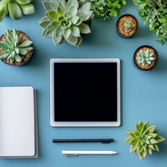 Poster - Top View of Minimalist Workspace with Tablet, Notebook, Pens, and Succulents on Blue Background, Perfect for Design Inspiration and Home Office Aesthetics