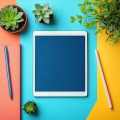 Leinwandbilder - Top-Down View of a White Tablet with Blue Screen, Surrounded by Succulents, a Pink Stylus Pen, a Blue Pen, and a Coral Notebook on a Colorful Background.
