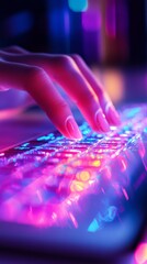 Aufkleber - Typing in Neon Dreams: Close-Up of Hands on a Glowing Keyboard with Vibrant Pink and Blue Lights, Immersive Digital Experience