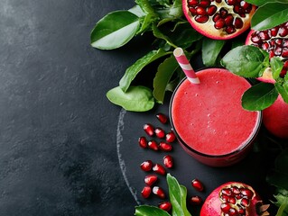 Wall Mural - A vibrant pomegranate smoothie garnished with fresh leaves, surrounded by pomegranate seeds and fruit halves on a dark background.