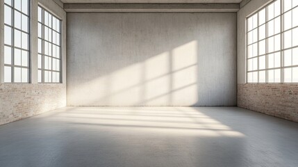 Wall Mural - A spacious, sunlit room with large windows and minimalistic decor, featuring soft shadows and a clean, unfinished floor.